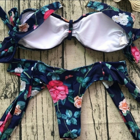 New Blue Floeal Sexy Off Shoulder Self Tie Brazilian Two Piece Swimsuit - Picture 3 of 7